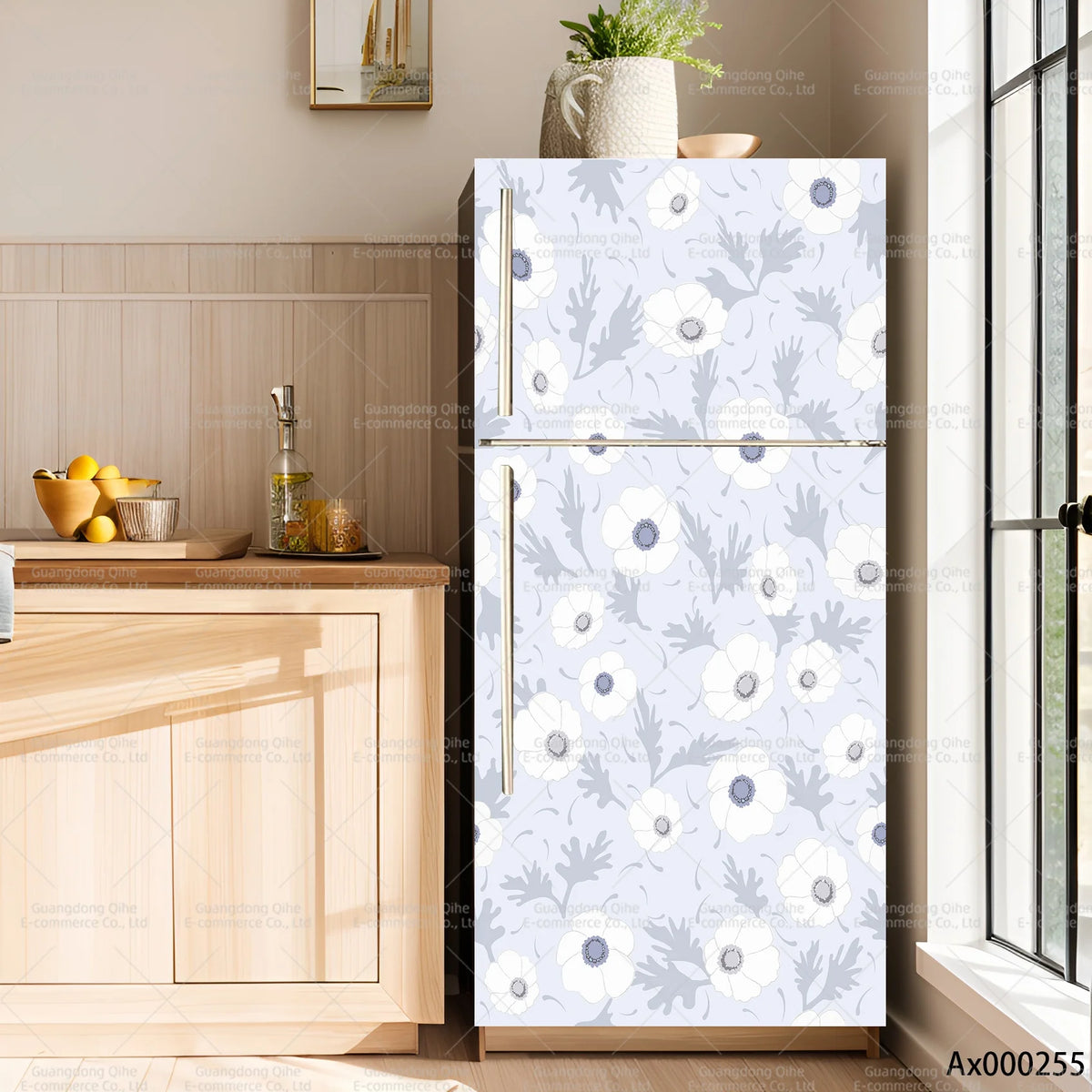 A vertical refrigerator with a light gray floral pattern is displayed next to wooden cabinetry and a window.