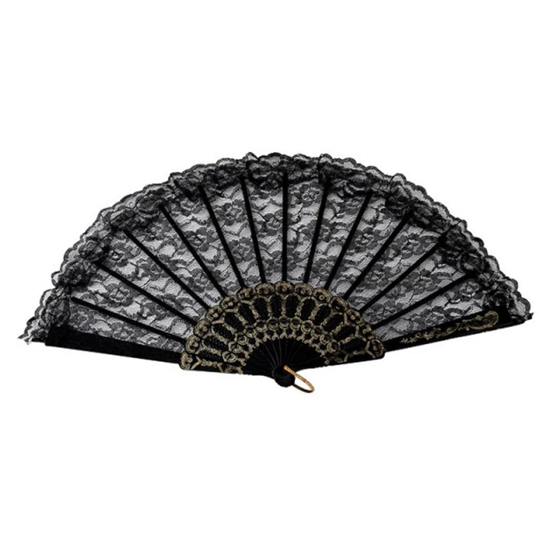 Black lace folding hand fan with gold trim for weddings and dance