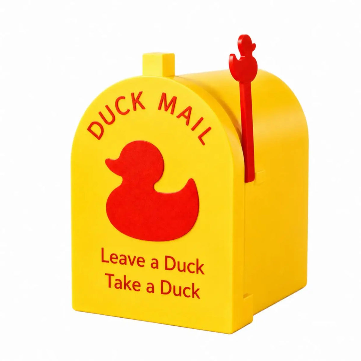 Yellow mailbox shaped like a duck with a red handle and text that reads Leave a Duck Take a Duck