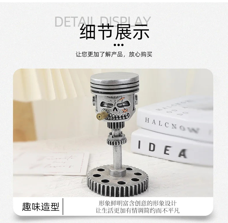 A detailed display of a mechanical punk style piston skull sculpture on a white surface.