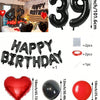 A set of red and black foil number balloons, heart-shaped balloons, and round balloons for birthday decorations.