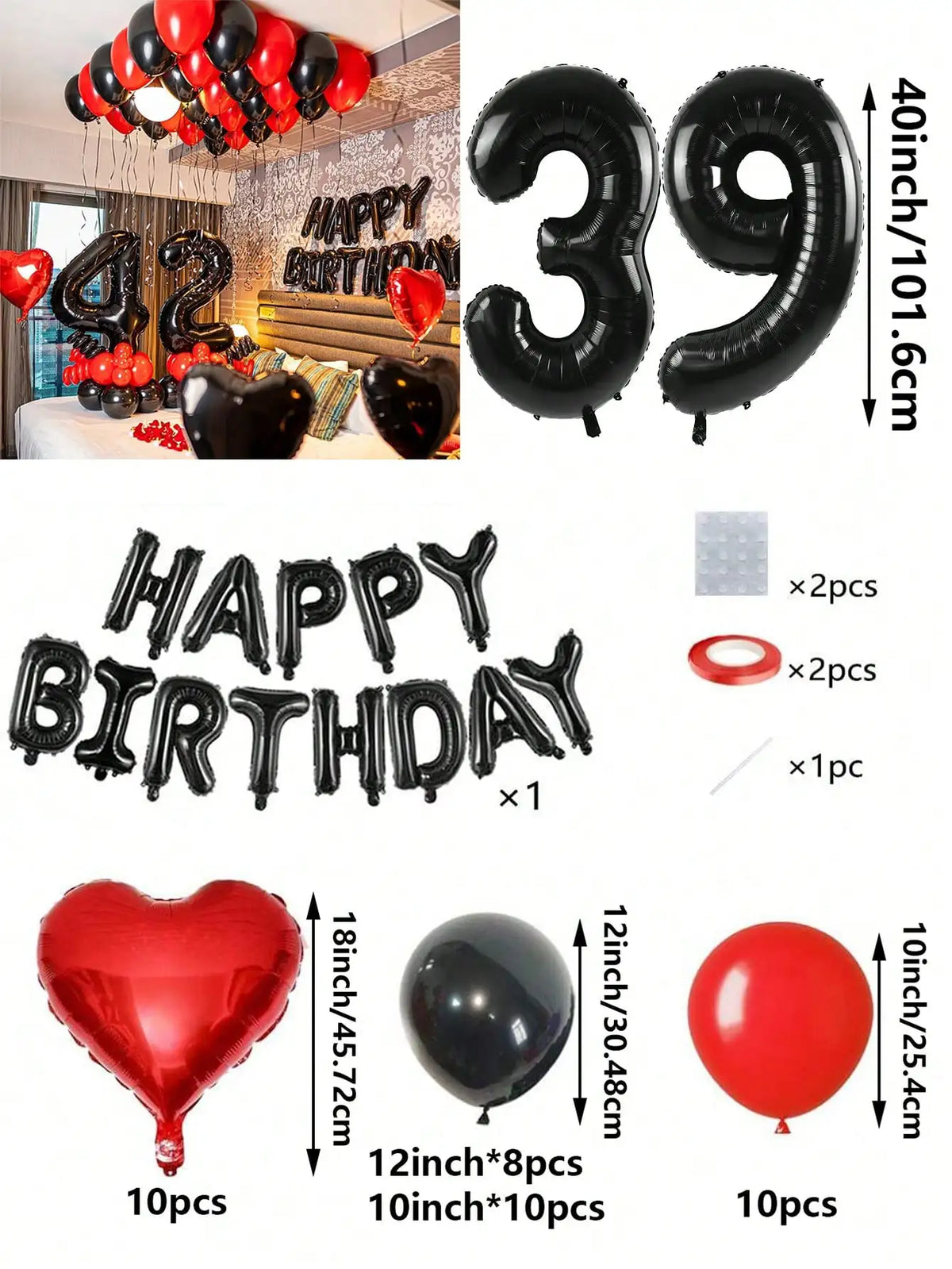A set of red and black foil number balloons, heart-shaped balloons, and round balloons for birthday decorations.