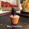 A black tourmaline crystal is displayed in an orange pot on a dark surface.