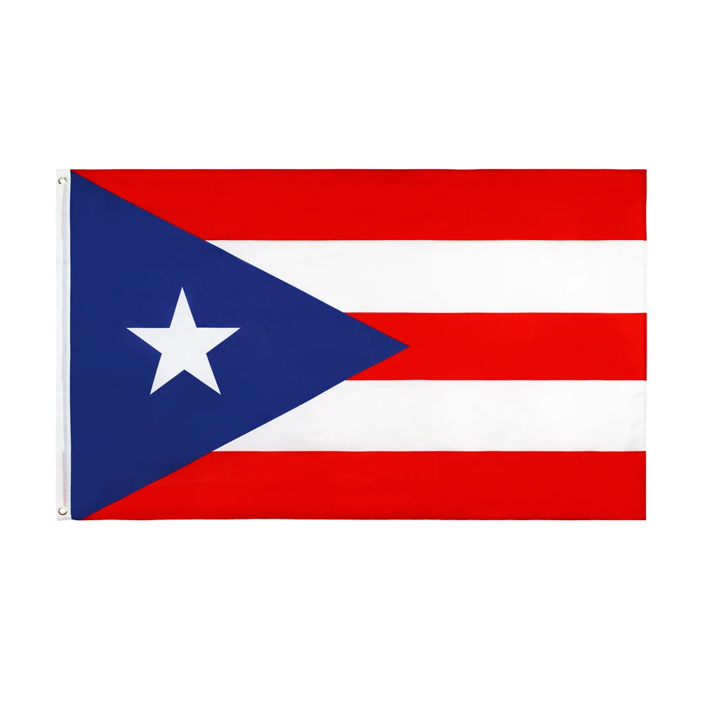 A rectangular flag design featuring red and white stripes and a blue triangle with a white star.