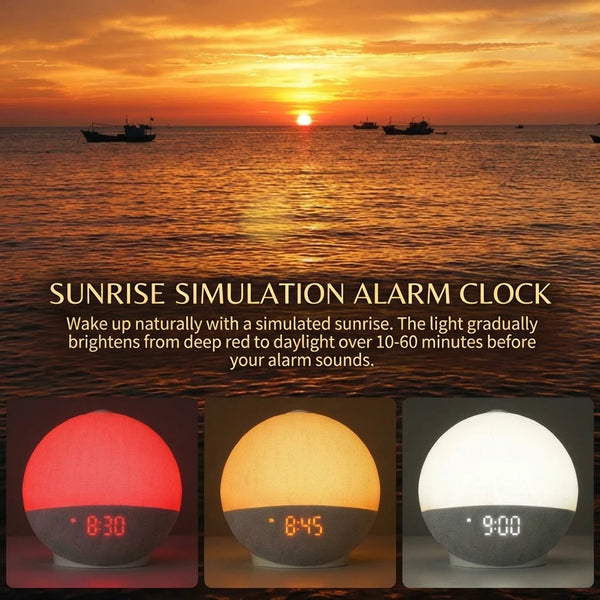 Sunrise simulation alarm clock showing three models with digital displays and warm lighting against a sunset background.