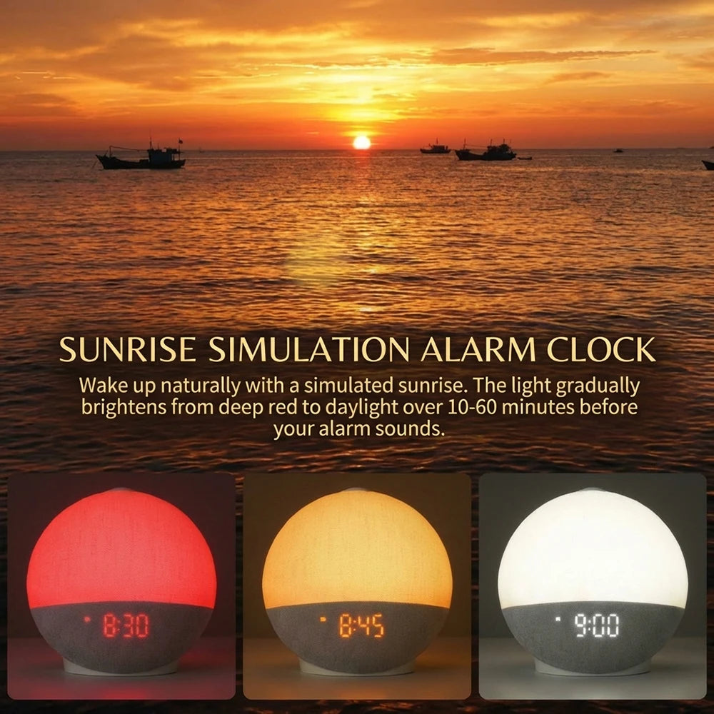 Sunrise simulation alarm clock showing three models with digital displays and warm light.