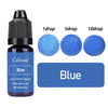 A bottle of blue liquid pigment with dropper tips and various sized drops for candle and soap making
