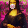 A painting of a woman with long dark hair and a glowing orb on her chest against a vibrant pink background.