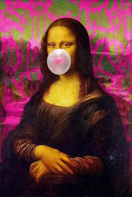 A painting of a woman with long dark hair and a glowing orb on her chest against a vibrant pink background.