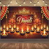 A festive backdrop featuring golden and orange Diwali decorations with lit earthen lamps and floral motifs.