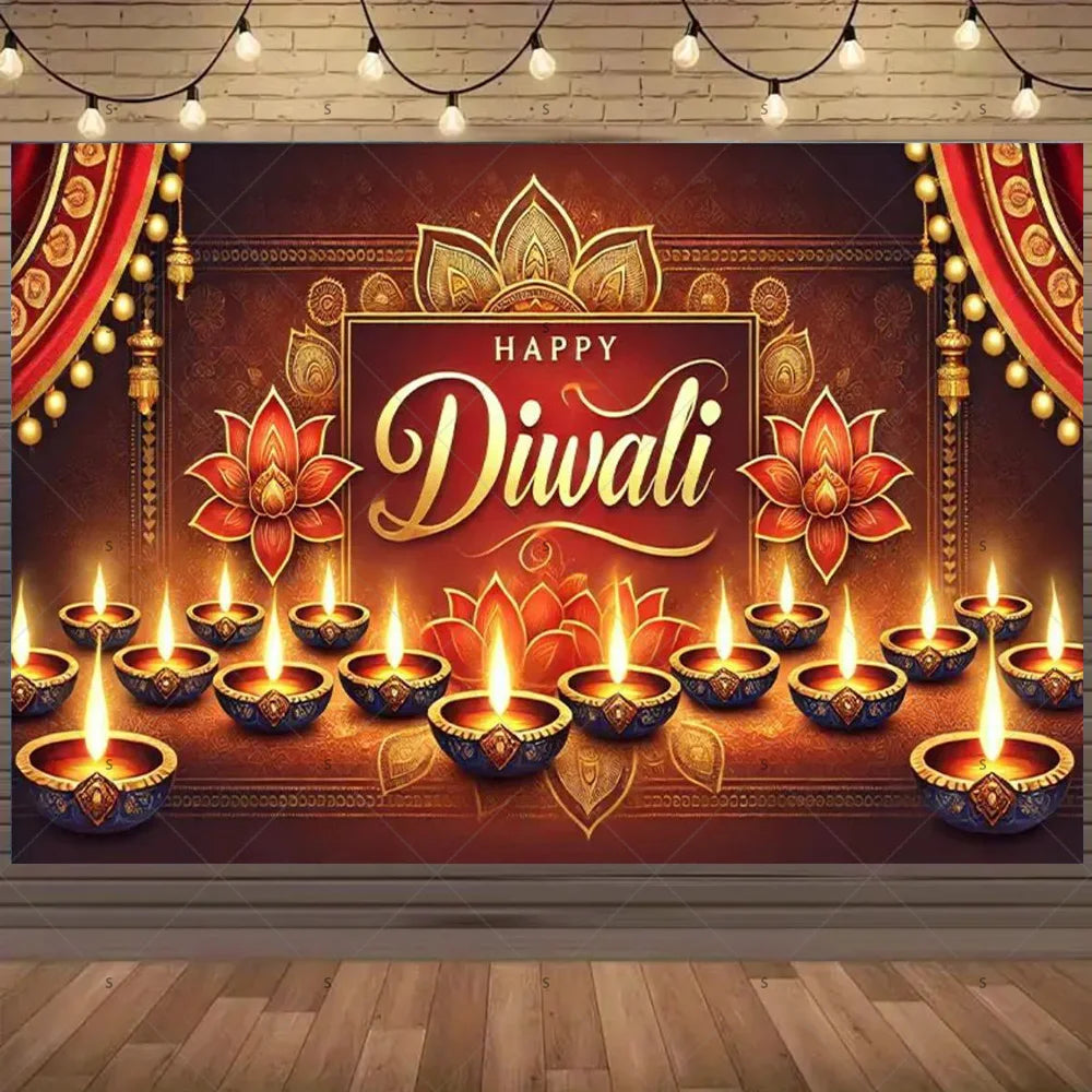 A festive backdrop featuring golden and orange Diwali decorations with lit earthen lamps and floral motifs.