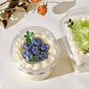 A clear plastic dessert cup filled with creamy yogurt and blueberries, next to a larger clear container of the same product.