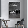 A black and white poster featuring a vintage Formula Grand Prix racing scene with the word Marlboro visible.