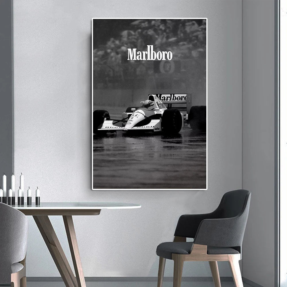 A black and white poster featuring a vintage Formula Grand Prix racing scene with the word Marlboro visible.