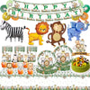 Jungle safari birthday decor set featuring a striped zebra and a lion surrounded by green foliage and birthday banners