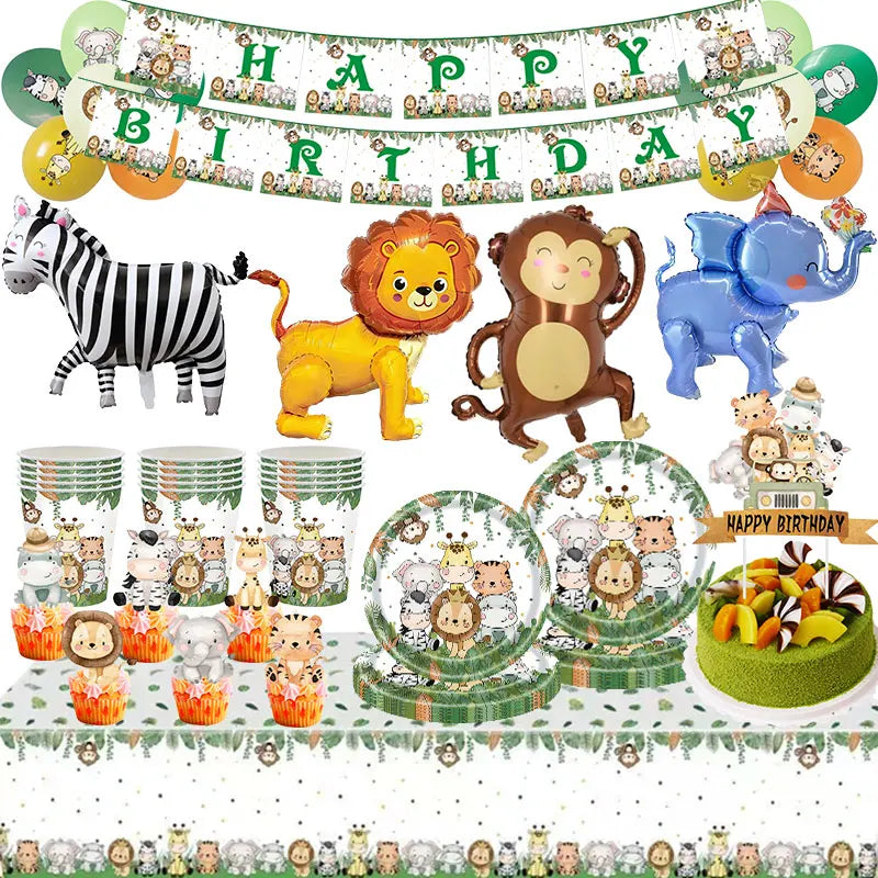 Jungle safari birthday decor set featuring a striped zebra and a lion surrounded by green foliage and birthday banners
