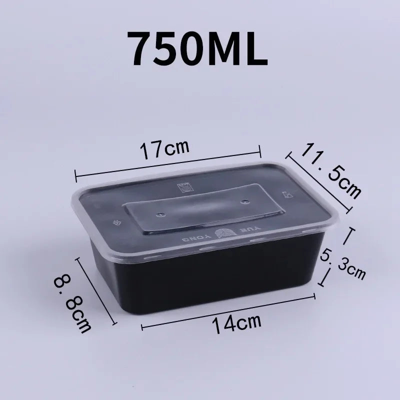A black plastic food storage container with a lid, shown with dimensions.