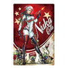 A vintage rusty cola metal wall sign featuring a stylized female character in armor against a red background.