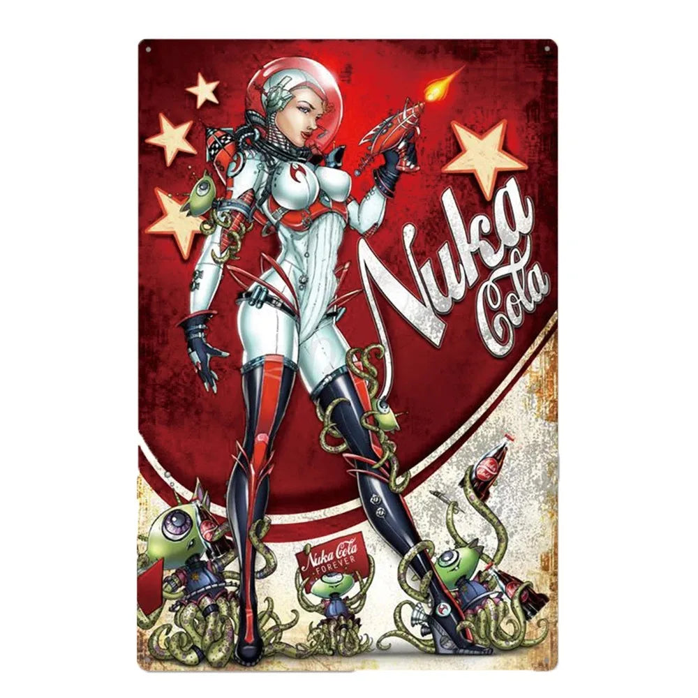A vintage rusty cola metal wall sign featuring a stylized female character in armor against a red background.