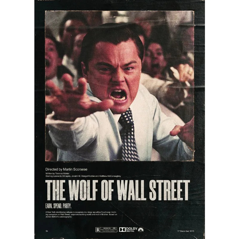 A movie poster for The Wolf of Wall Street featuring a close-up intense male actor.