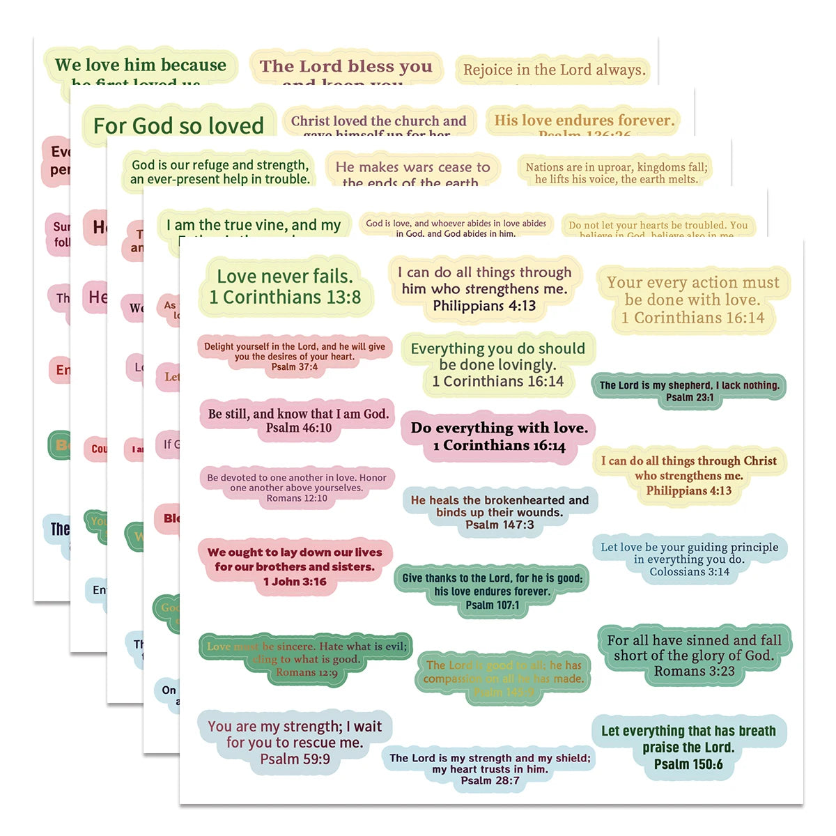A pack of colorful Bible verse stickers featuring inspirational quotes for journals and planners