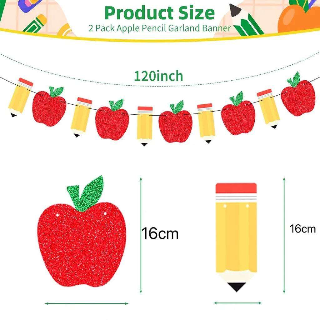 A string of 2 apple pencil garland banners measuring 120 inches long.