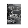 A vintage formula grand prix racing poster canvas print showing a race car on a curved track in an urban setting.