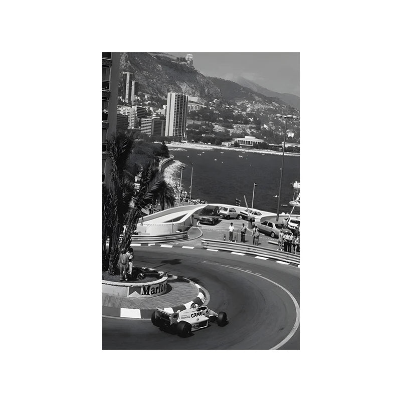 A vintage formula grand prix racing poster canvas print showing a race car on a curved track in an urban setting.