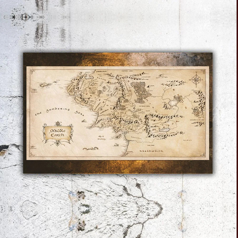 A vintage sepia-toned map of the Sundering Sea and Middle Earth on canvas framed in dark wood.