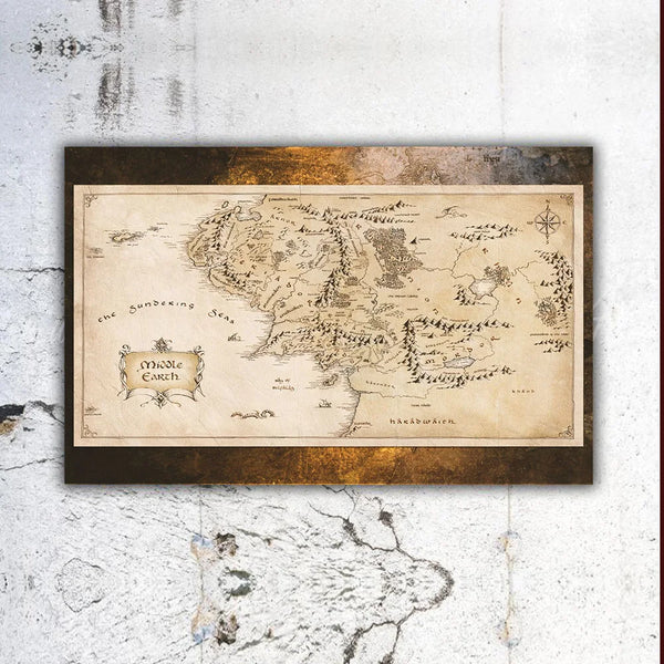 A vintage sepia-toned map of the Sundering Sea and Middle Earth on canvas framed in dark wood.