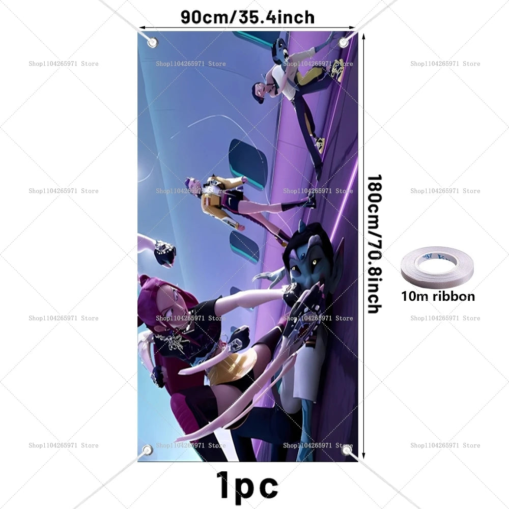 A vertical backdrop featuring anime characters in dynamic poses against a purple background.