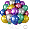 A cluster of chrome latex balloons in various colors including purple, silver, gold, and green.