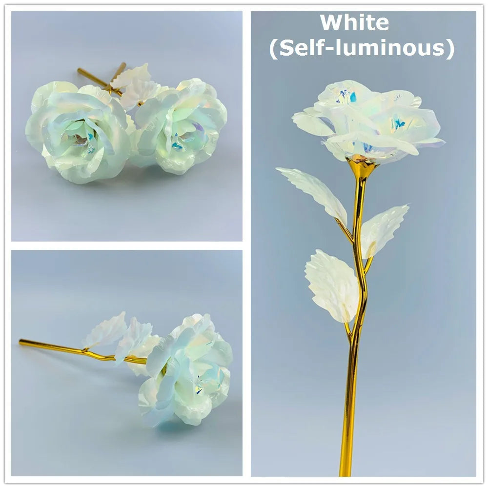 White self-luminous rose flower with green leaves on a gold stem