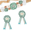 A set of floral maternity sash and corsage pins featuring sage green, blush pink, and cream roses.