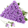 A bouquet of purple artificial silk roses, tightly clustered and arranged for decoration.