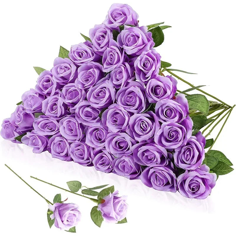 A bouquet of purple artificial silk roses, tightly clustered and arranged for decoration.