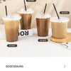 A set of eco-friendly disposable plastic cups with straws shown in various shades and styles.