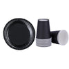 Black disposable tableware set including a plate and several black paper cups with white stripes