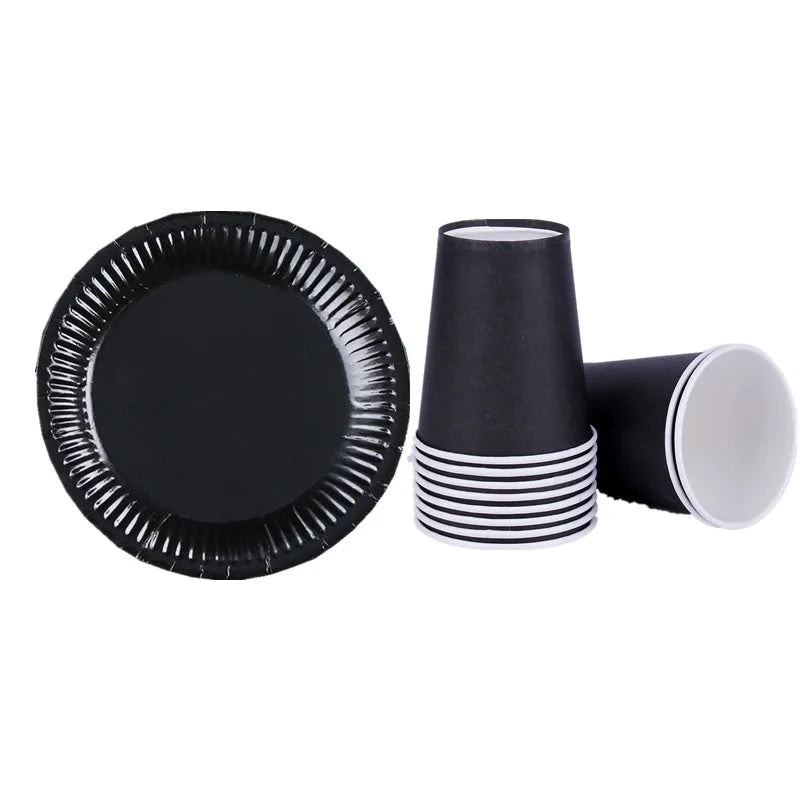 Black disposable tableware set including a plate and several black paper cups with white stripes
