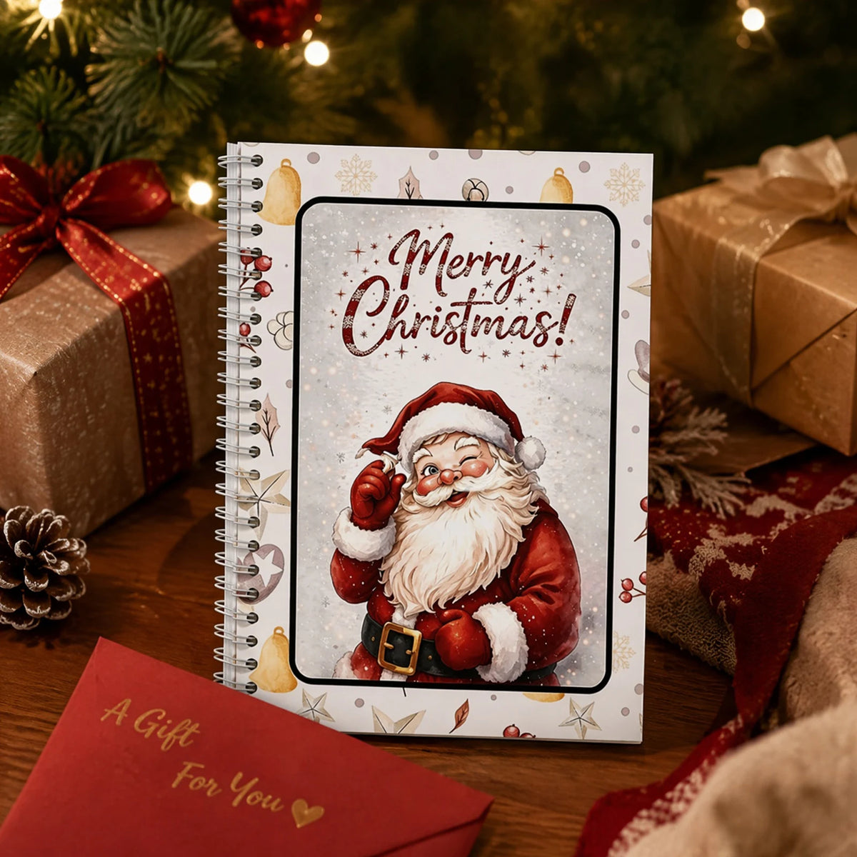A festive gift card book featuring a Santa Claus illustration surrounded by holiday decorations and wrapped presents.