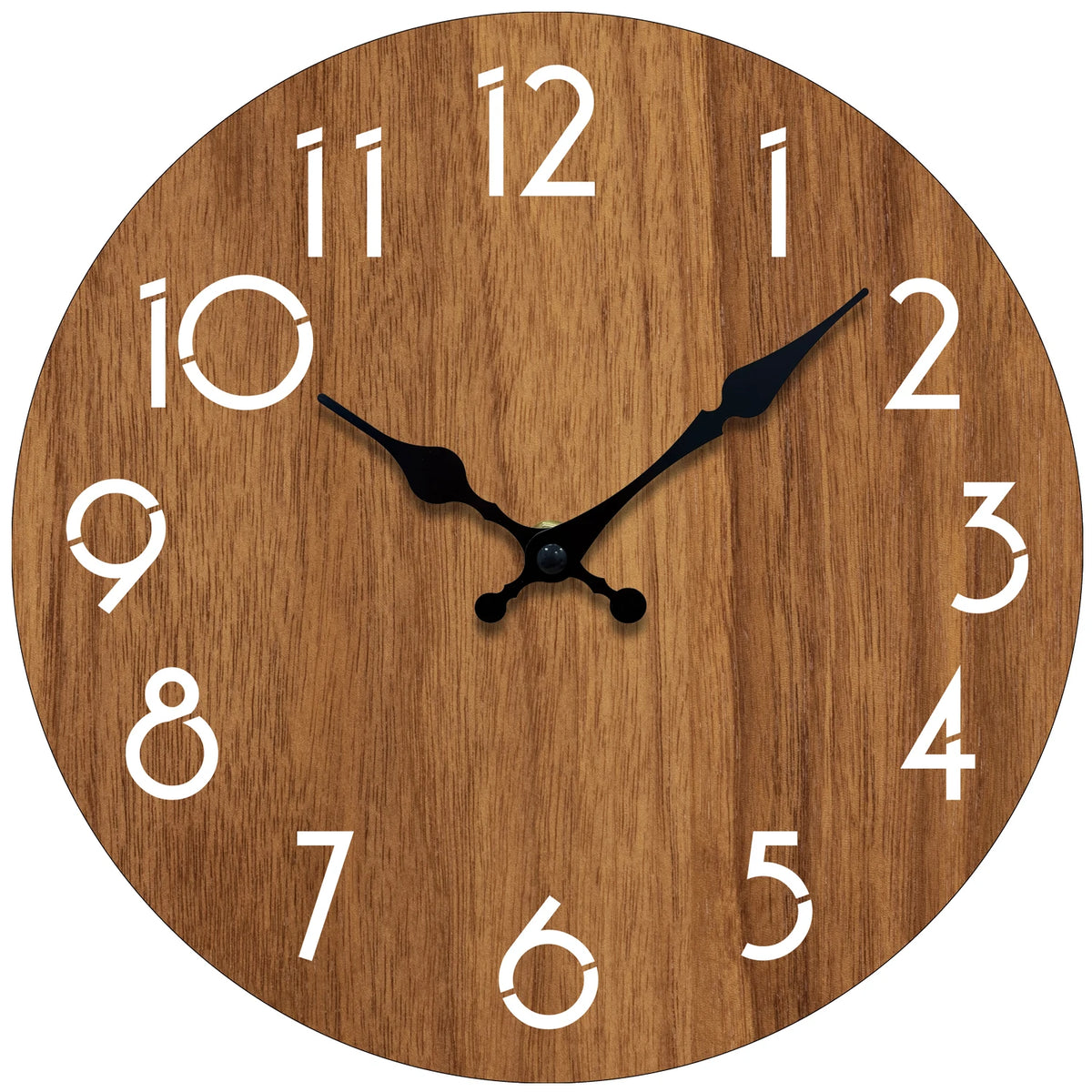 A round wooden wall clock with a brown finish and black hands displaying the time.