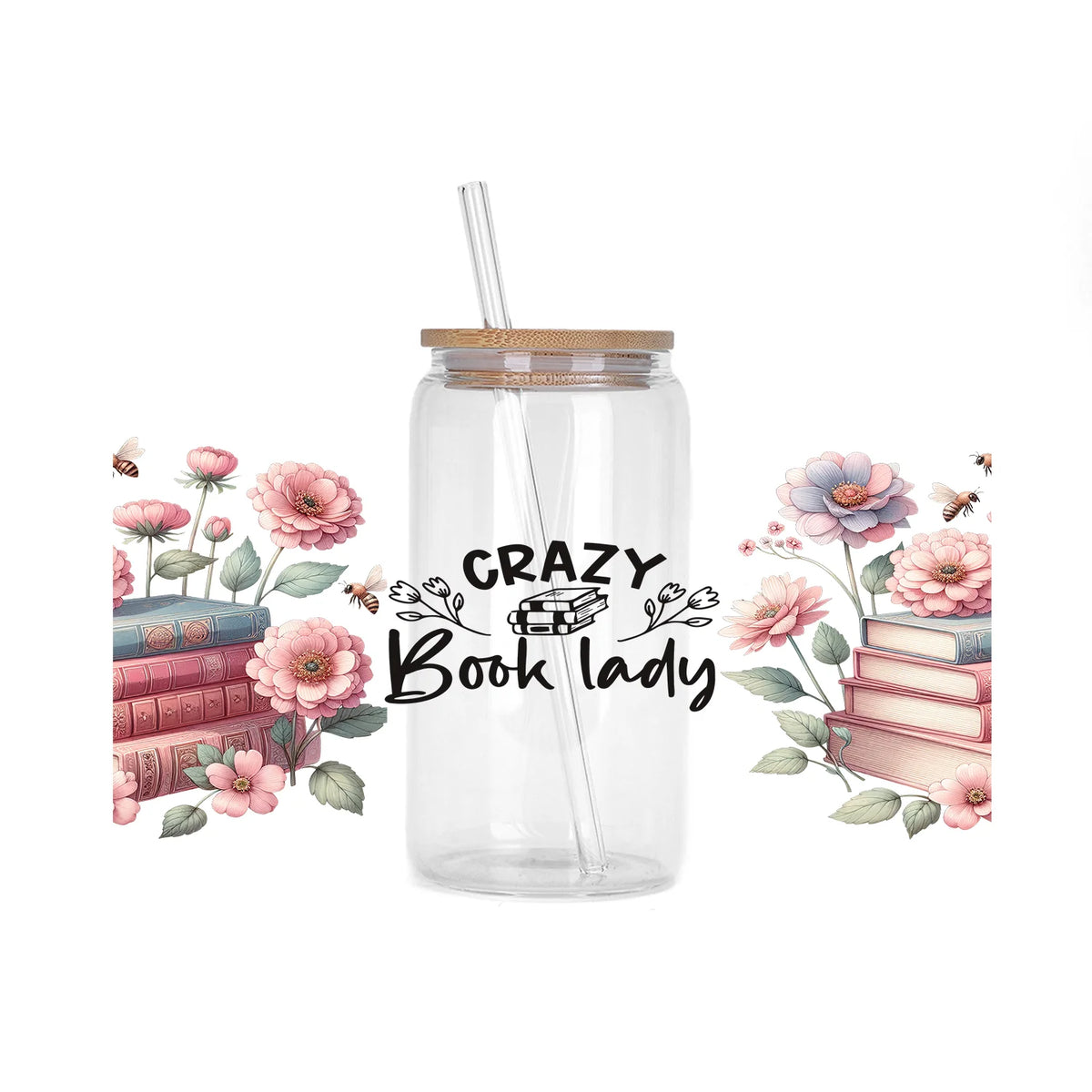 A glass jar filled with pink and green floral decorations and stacked books, featuring a straw and a wooden lid.