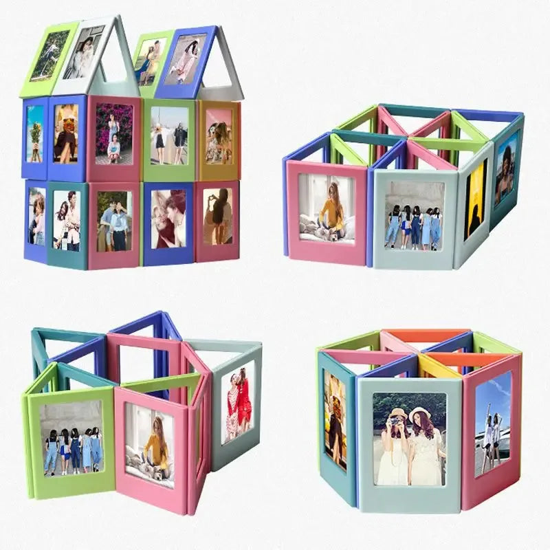 A collection of colorful magnetic photo frames for displaying Instax mini film, shown in various arrangements.