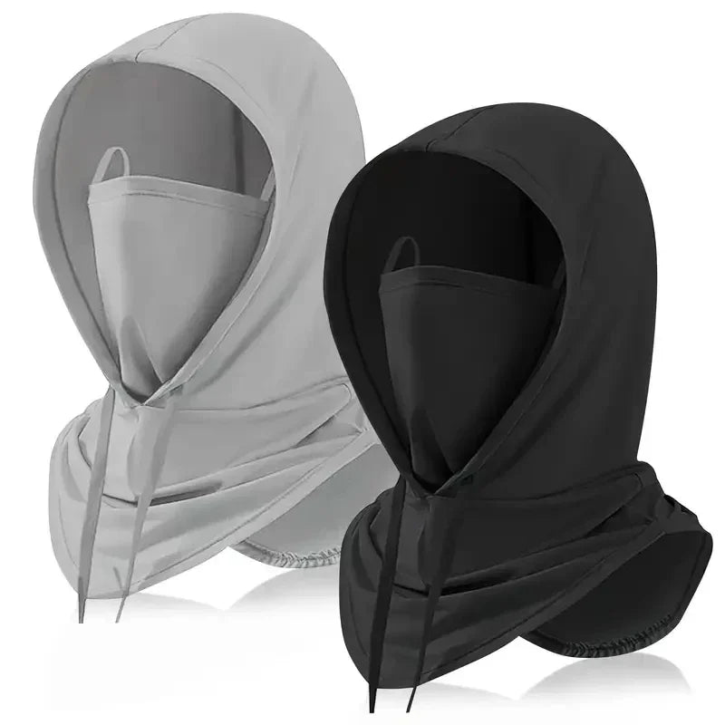 A pair of breathable UV protection balaclava face masks in gray and black with long neck covers.