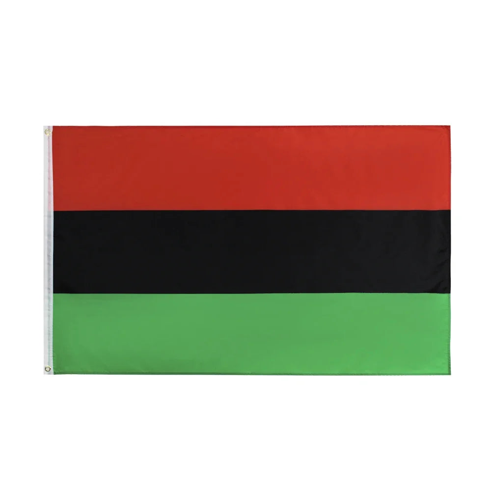 A rectangular flag featuring horizontal stripes of red, black, and green.