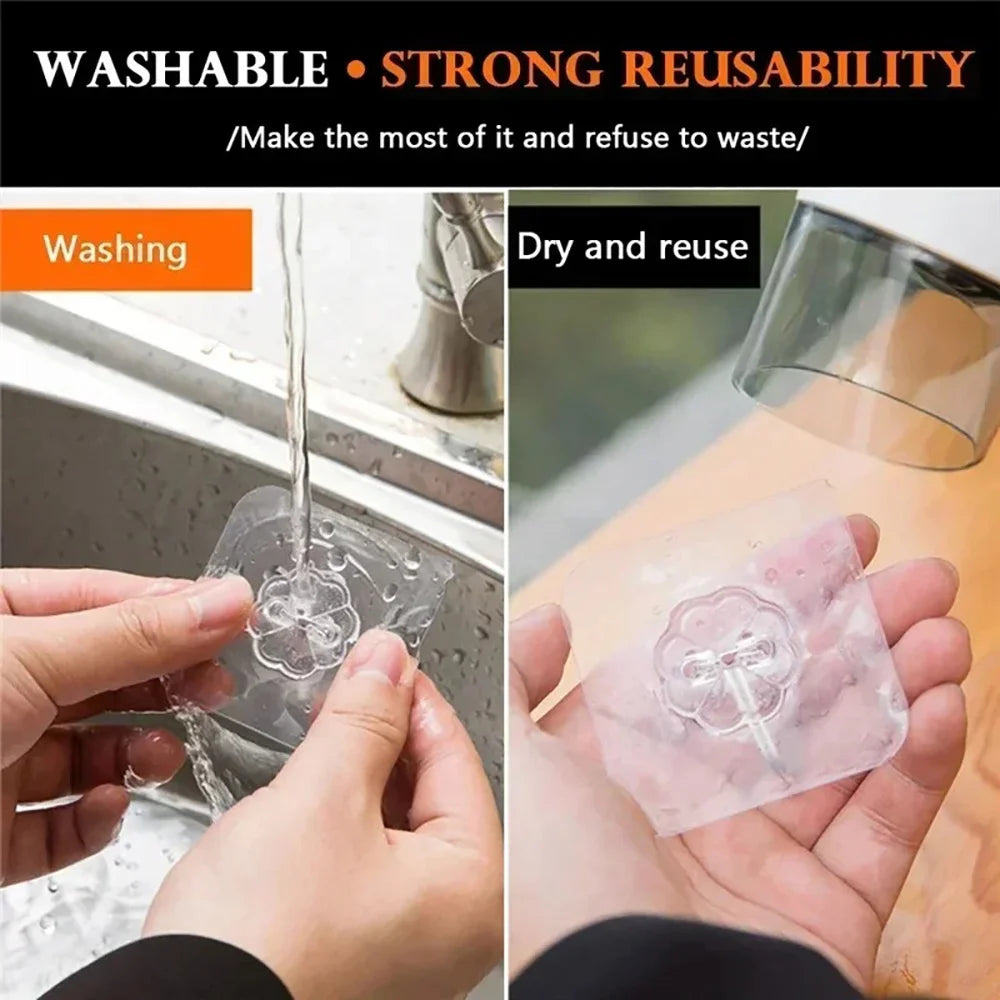 Hands are washing a clear self-adhesive silicone hook product under running water.