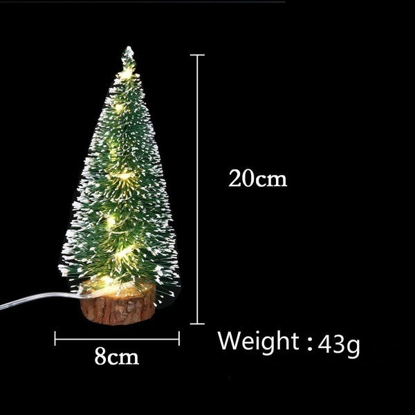 An illuminated LED mini Christmas tree with a snow effect, measuring 20cm tall and weighing 43g.