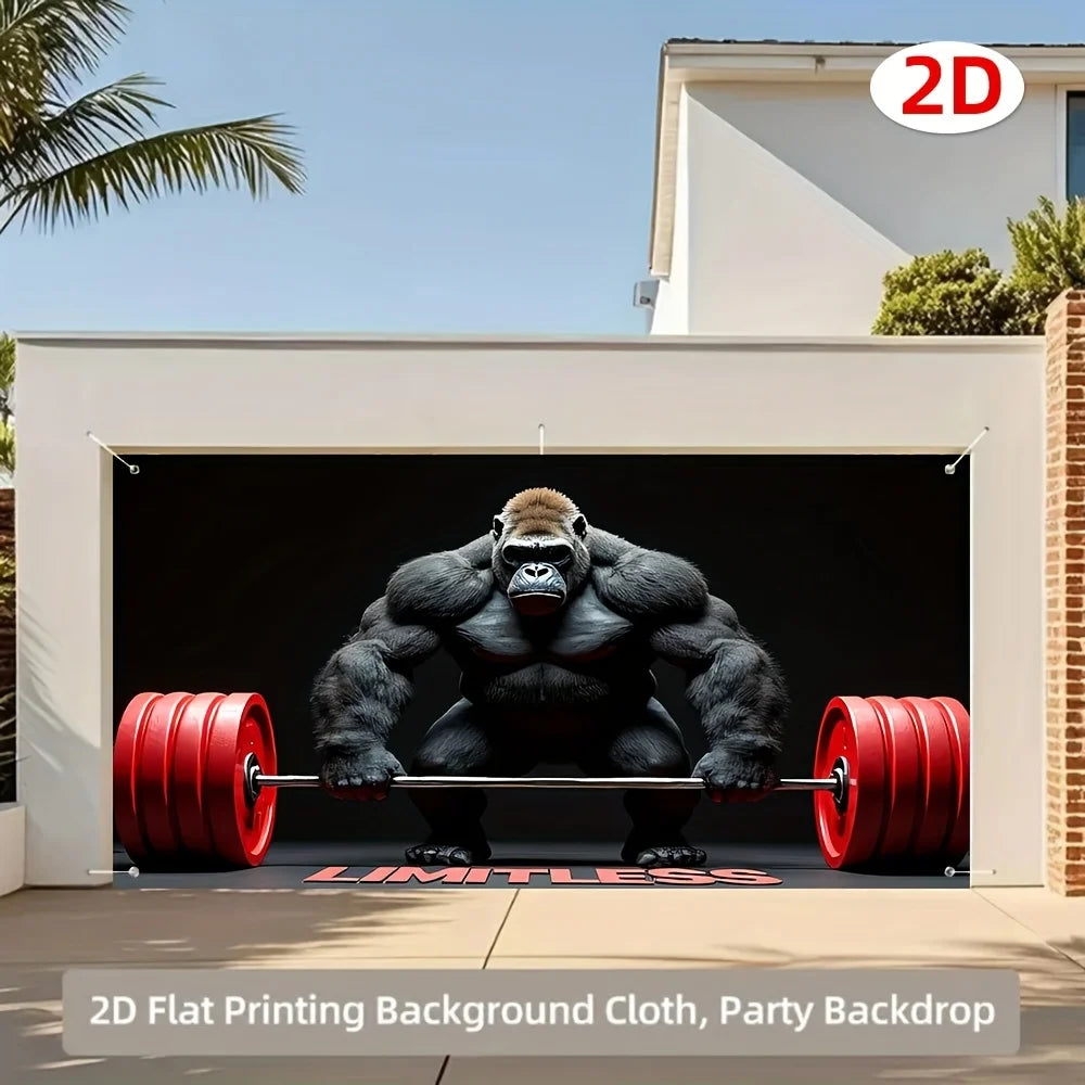 2D flat printing background cloth featuring a gorilla strength weightlifting backdrop banner