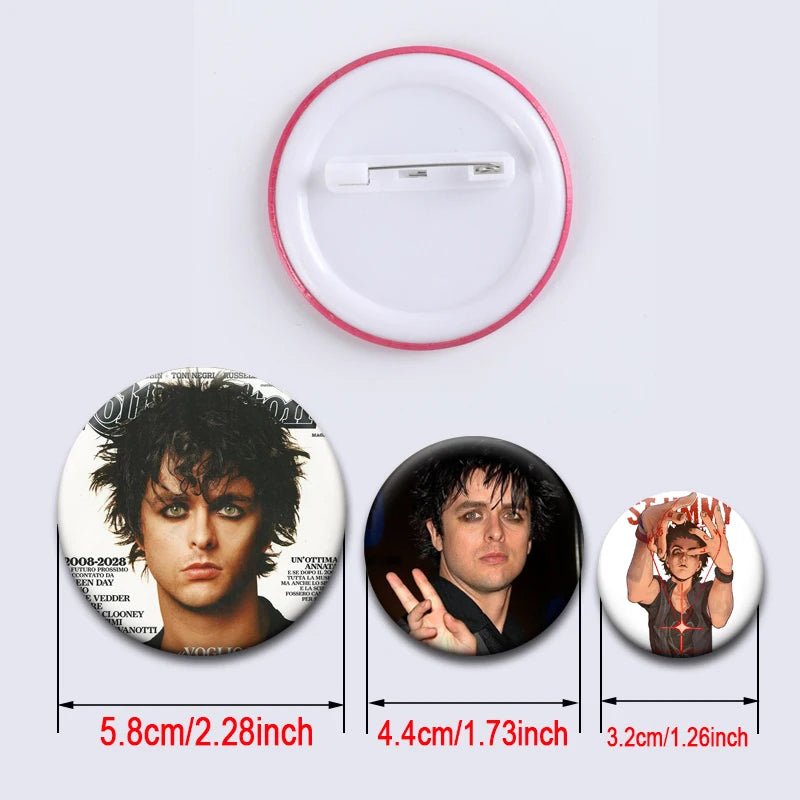 A set of collectible button pins featuring album cover designs from a punk band.