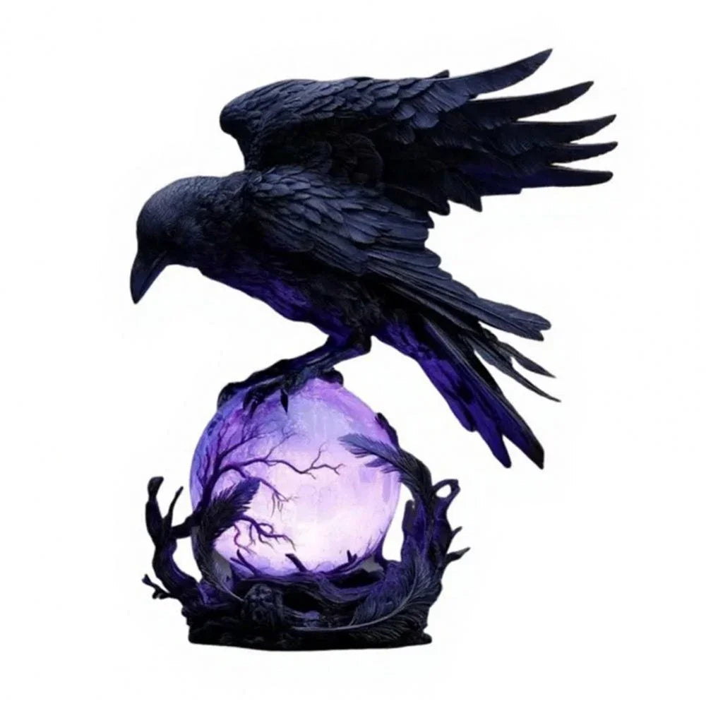 A black raven sculpture perched on a purple glowing orb.